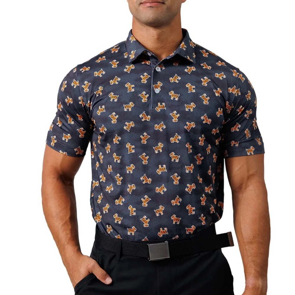 Men’s Waggle The Goat Tiger Print Short Sleeve Polo, Golf Shirt. Size M